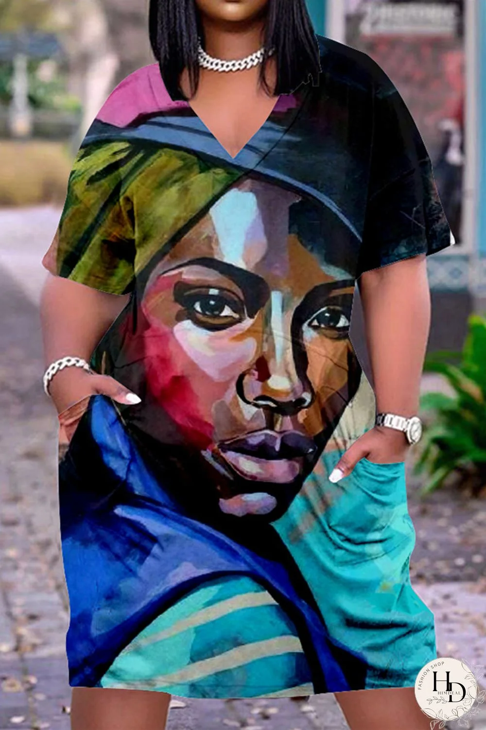 Black Gray Fashion Casual Print Basic V Neck Short Sleeve Dress