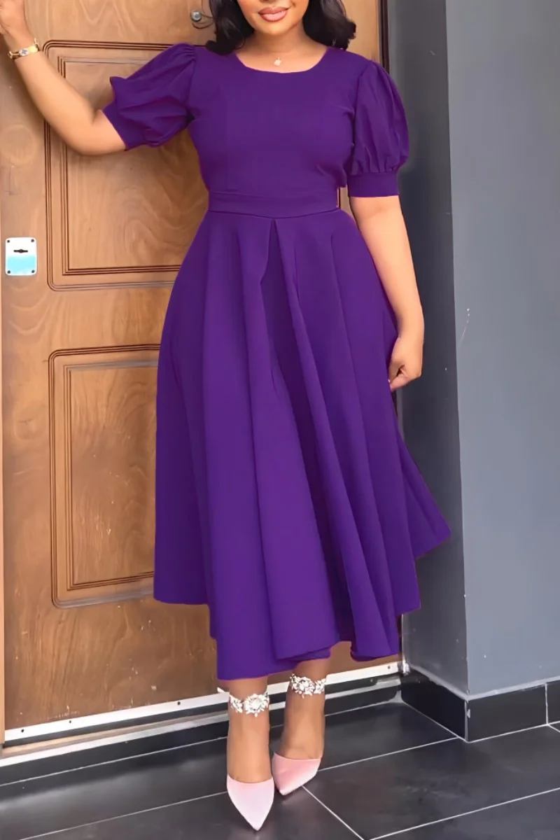 Purple Casual Solid Patchwork O Neck Short Sleeve Dress Dresses