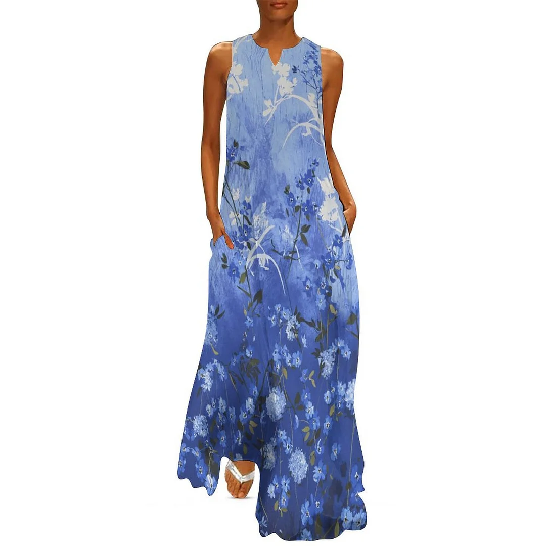 Style & Comfort for Mature Women Plus Size Printed Sleeveless Casual Women Maxi Dress with Pockets in Pattern Blue, Oil Painting, Floral
