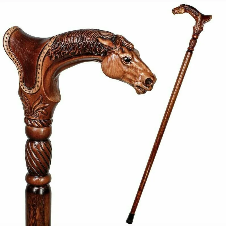 Designer Art Wooden Cane Walking Stick Horse with Saddle
