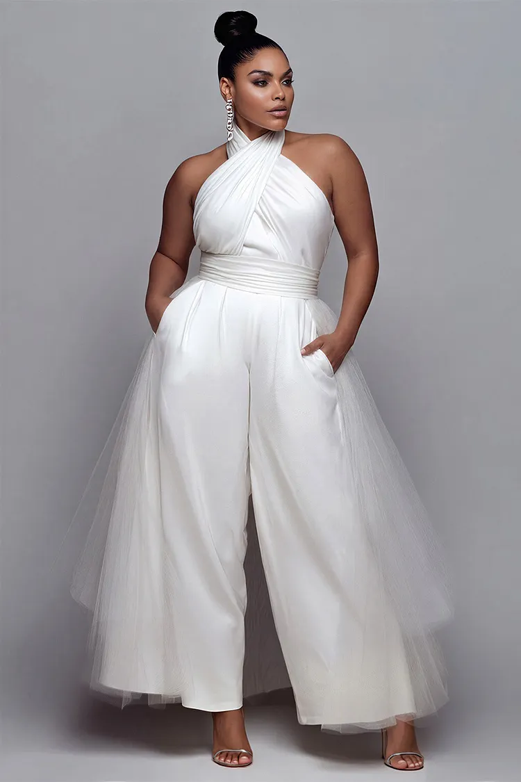 Xpluswear Design Plus Size Cocktail Party Tulle White Halter Collar With&nbsp;Skirt&nbsp;Overlay&nbsp;Pocket Satin Jumpsuits [Pre-Order] 2024 - Xpluswear
