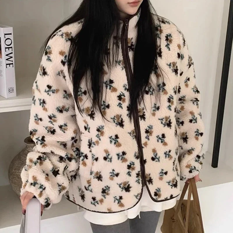 Toloer Fur Floral Print Zipper Jacket-Outfit Ideas