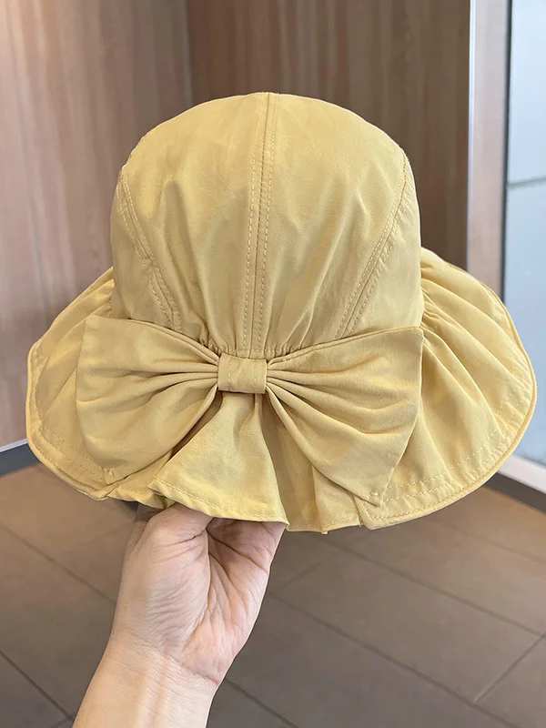 Sun-Protection Bowknot Pleated Solid Color Fisherman Hat Sun Hat