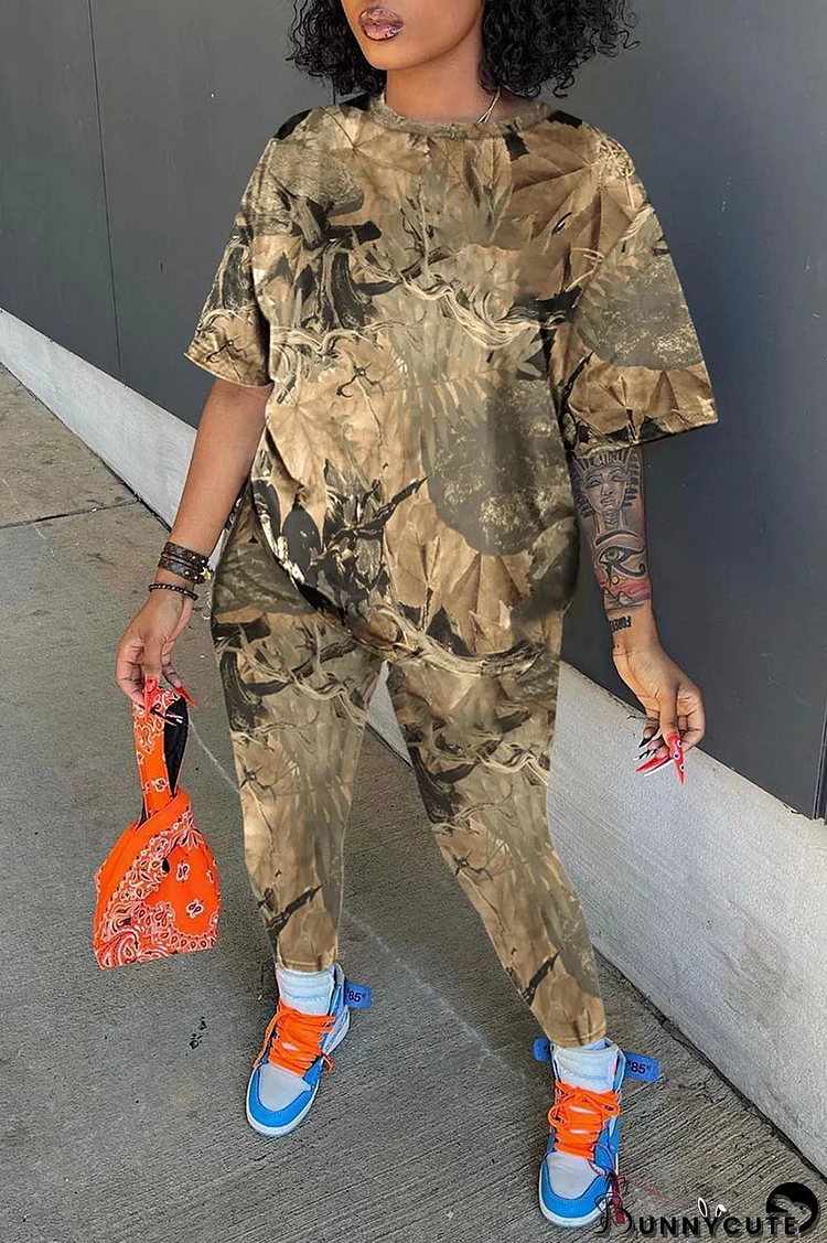 Yellow Brown Casual Print Patchwork O Neck Plus Size Two Pieces