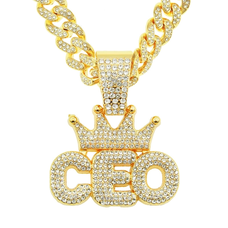 European And American Hip Hop Full Diamond Crown Ceo Letter Pendant Cuban Men's Necklace