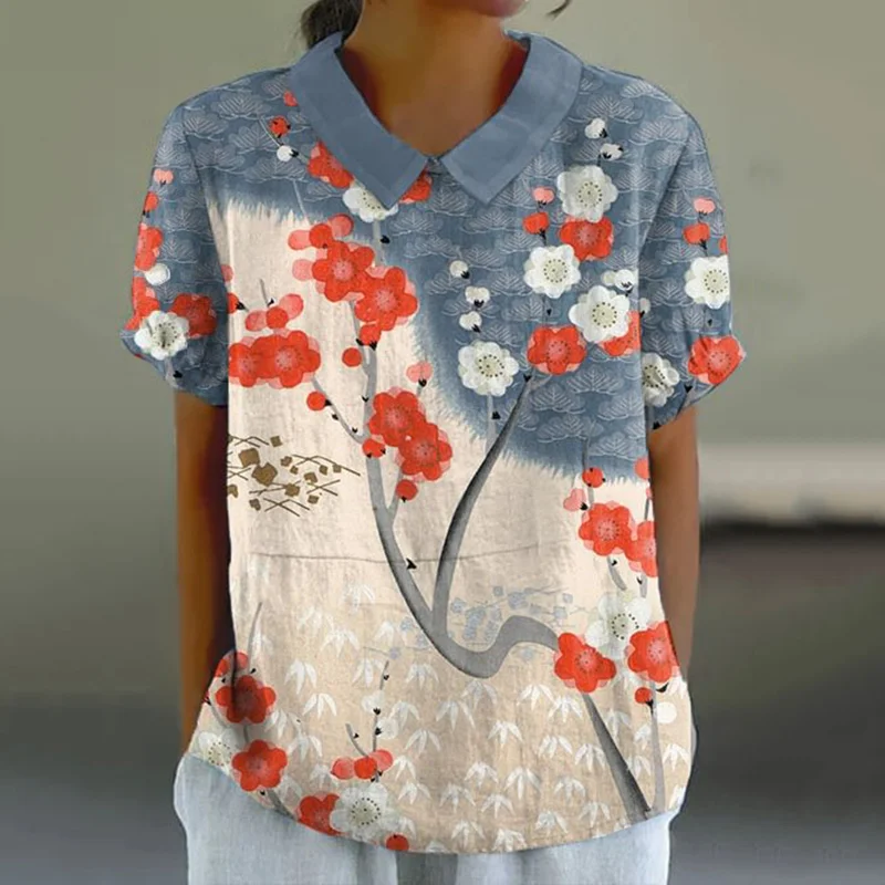 Japanese Art Flower Print Casual Blouse