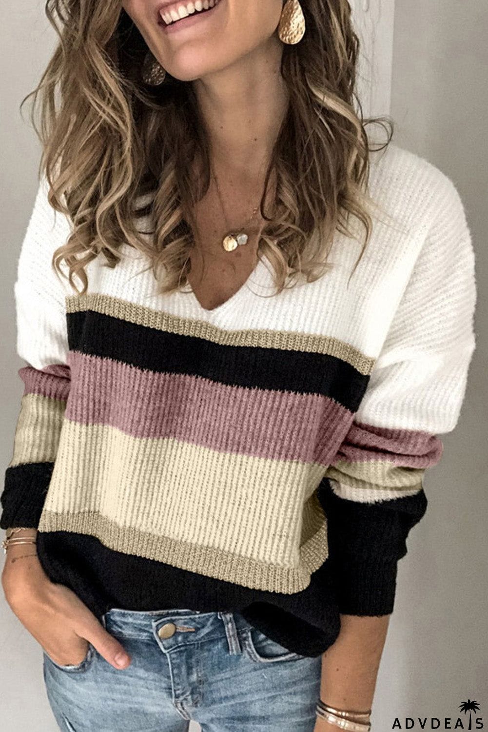 Khaki Casual Color-Block Striped Long Sleeve V Neck Sweater