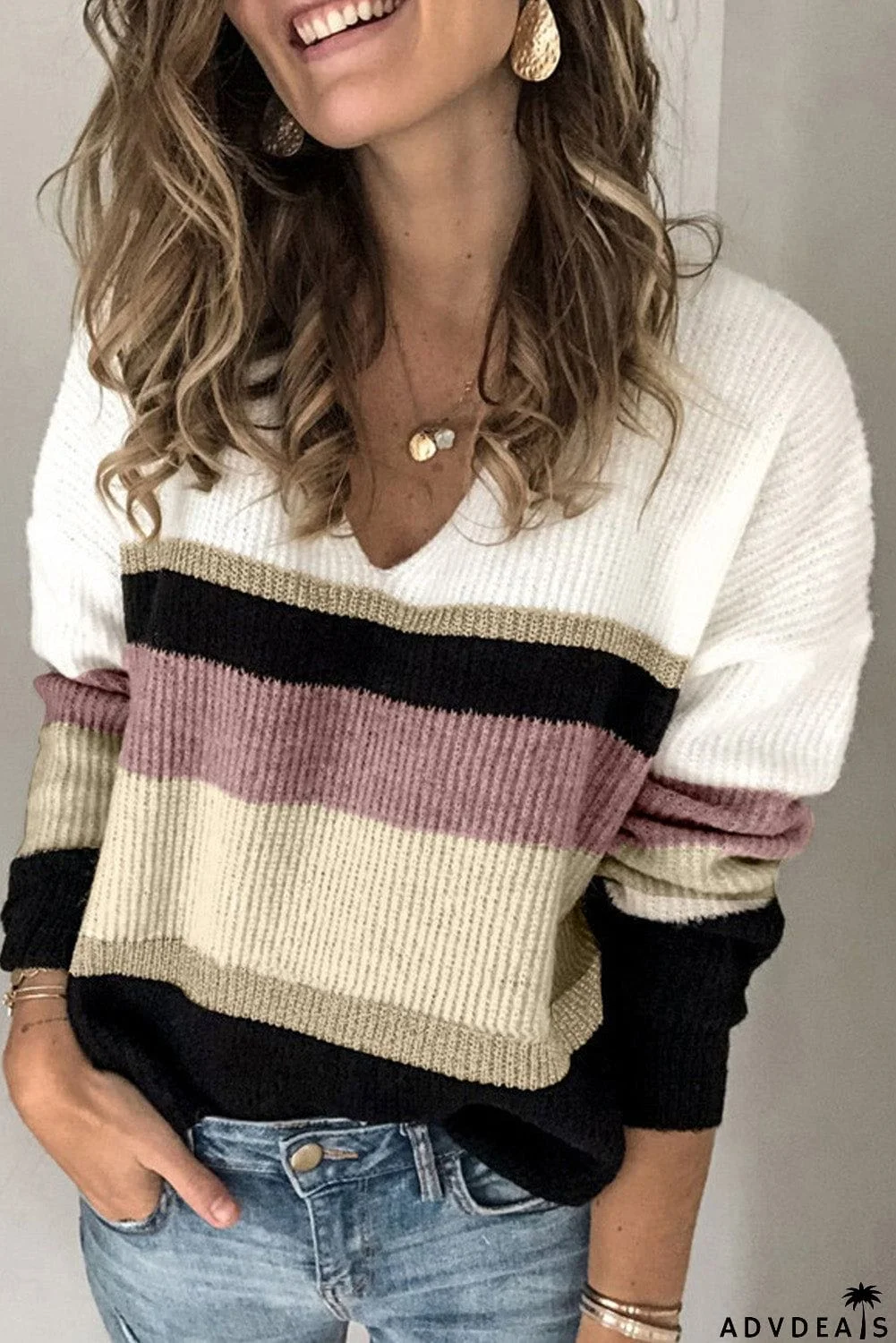 Khaki Casual Color-Block Striped Long Sleeve V Neck Sweater