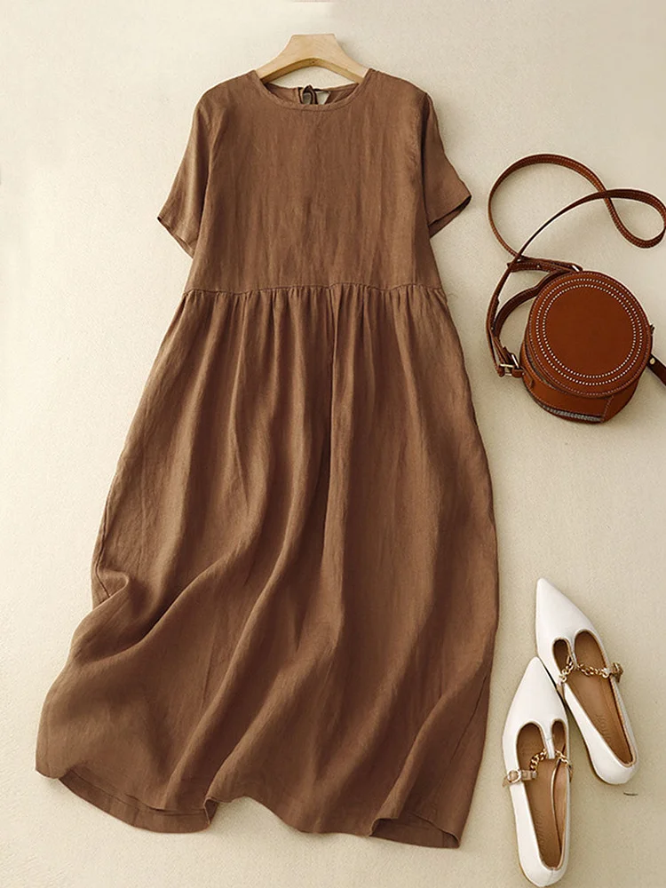 Women Solid Color Round Neck Short Sleeve Casual Linen Loose Dress