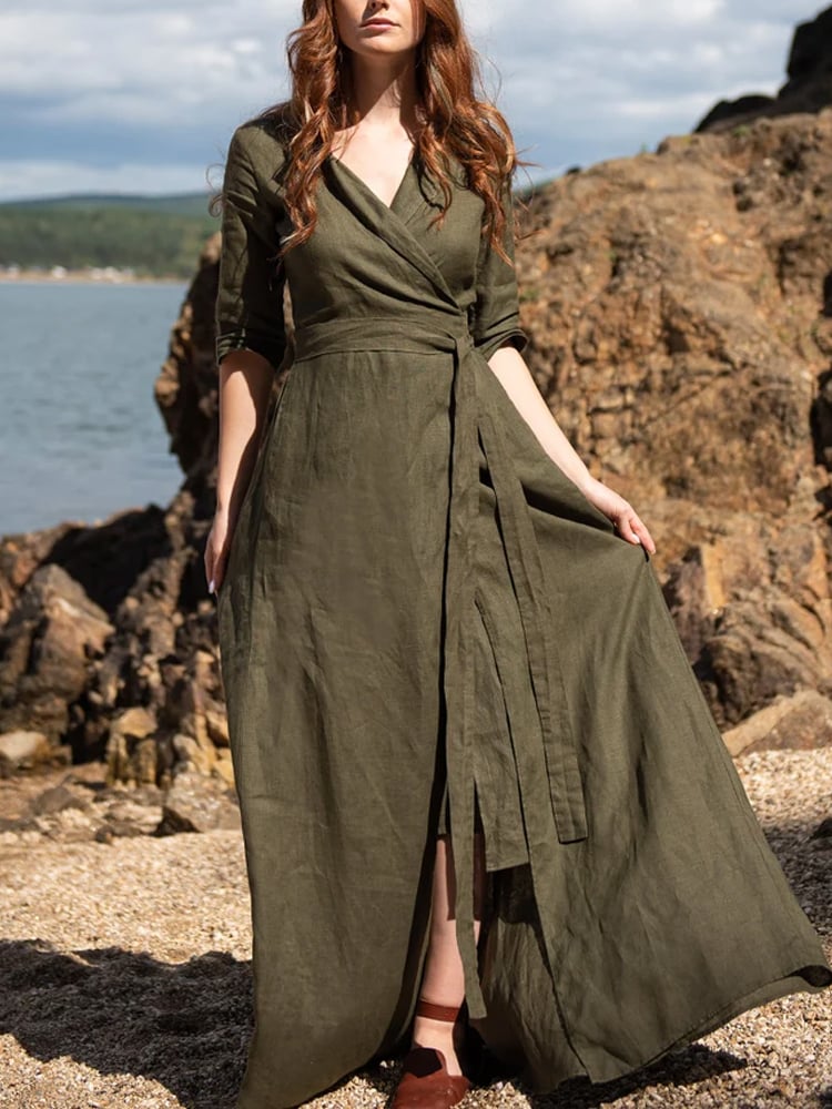 Women's Casual Solid Color Lace-up Shirt Linen Long Dress  5ce6