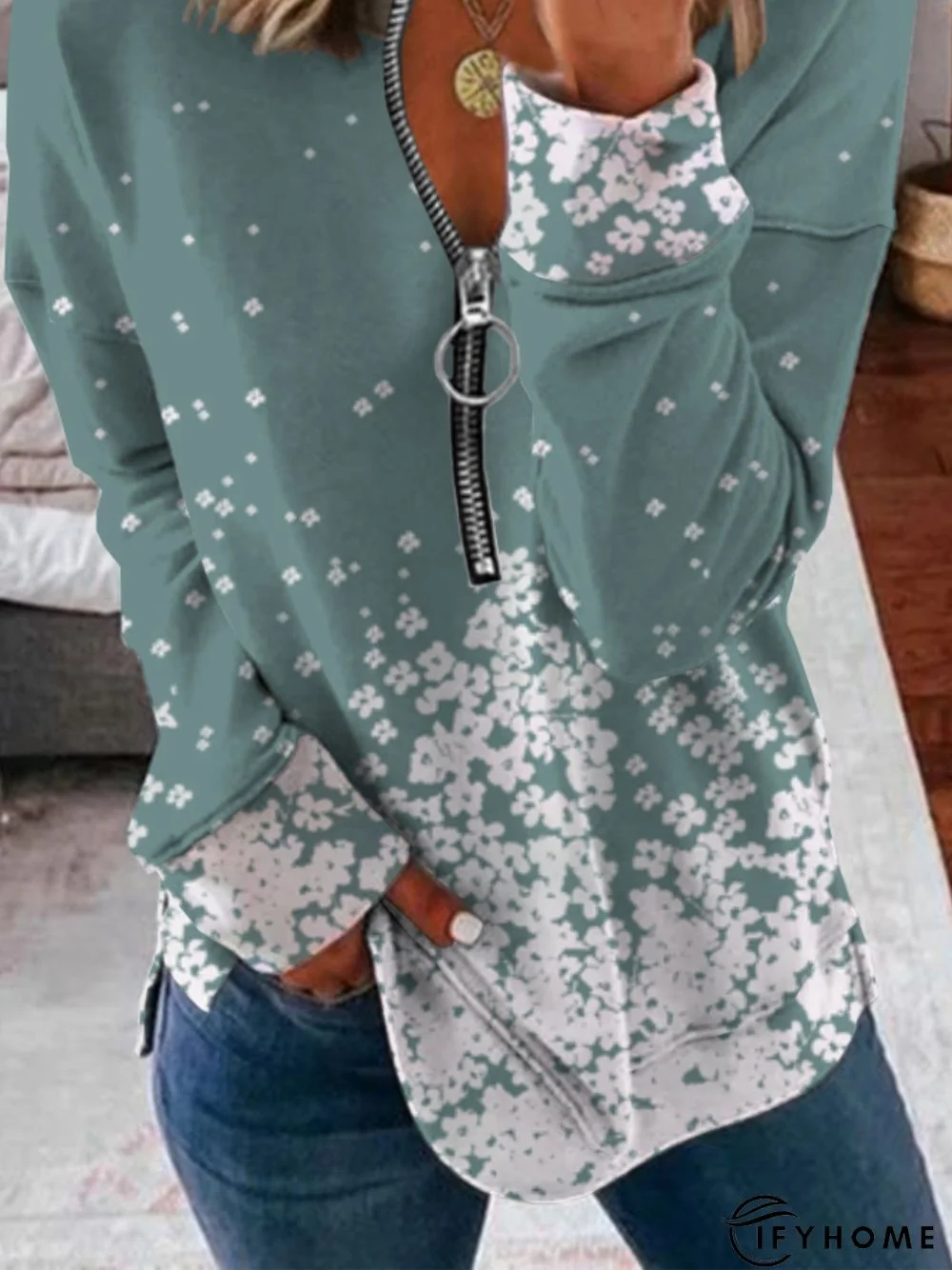 Casual Long Sleeve V Neck Printed Tunic Top Sweatshirt | IFYHOME