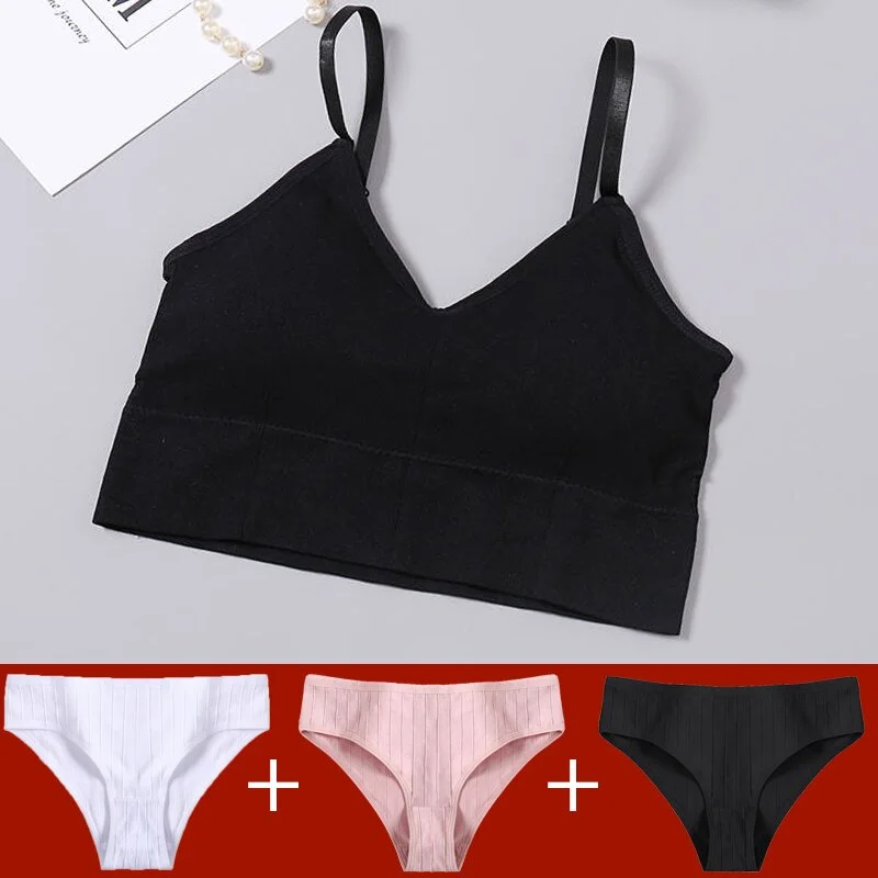 Tank Crop Top Bra + 3PCS Panties Set Fashion Solid Color Bra Set for Women Intimates Underwear Female Lingerie Casual Bralette