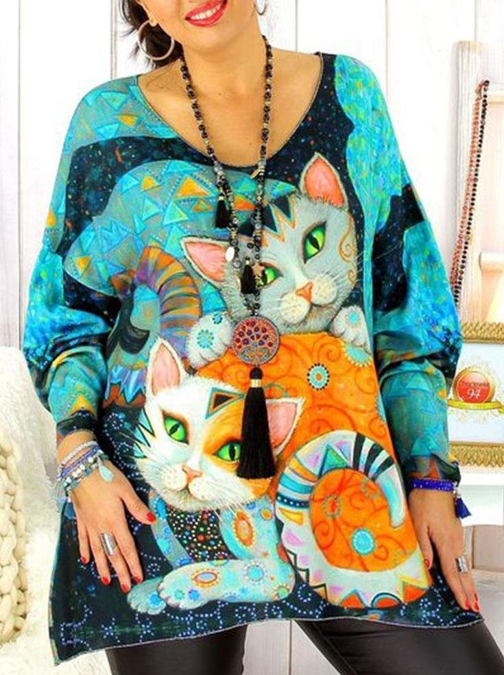 Long-sleeved Top In A Cat Pattern