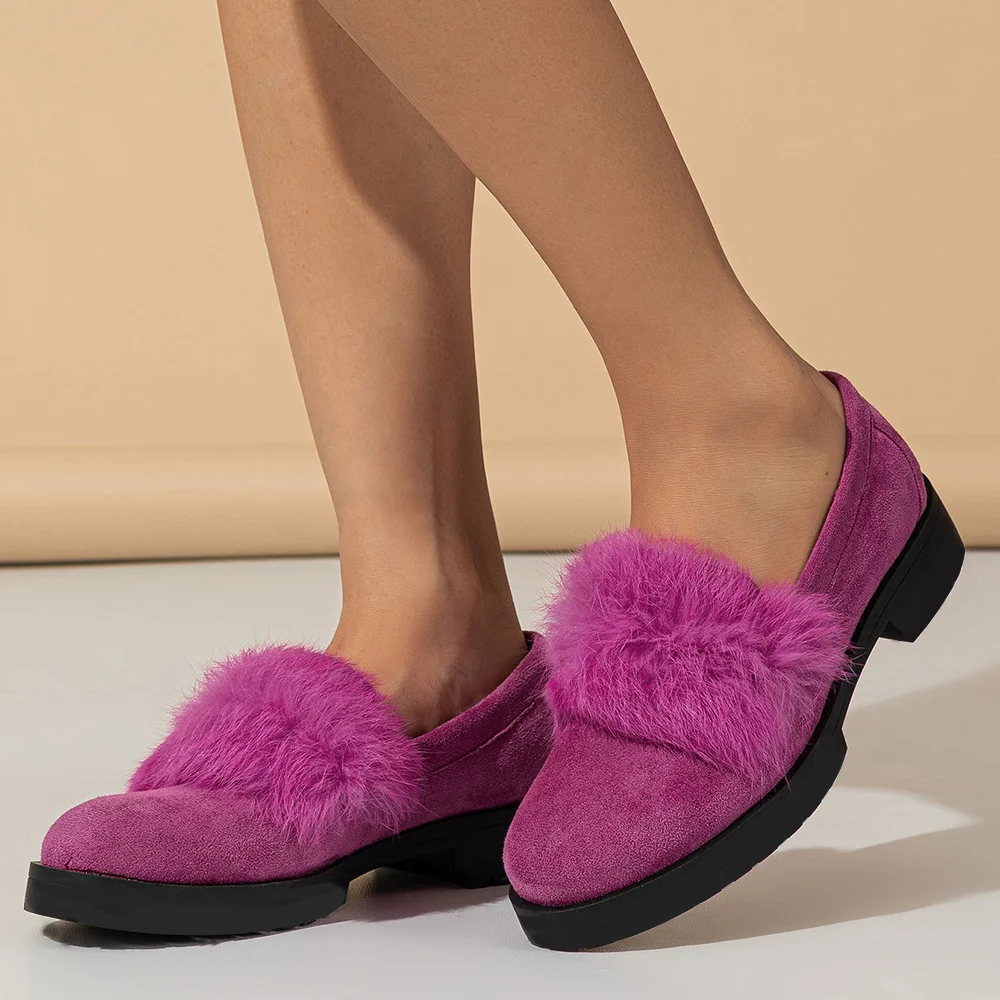Purple Round Toe Suede Loafers Chunky Low Heel Furry Casual Loafer Shoes Nicepairs
