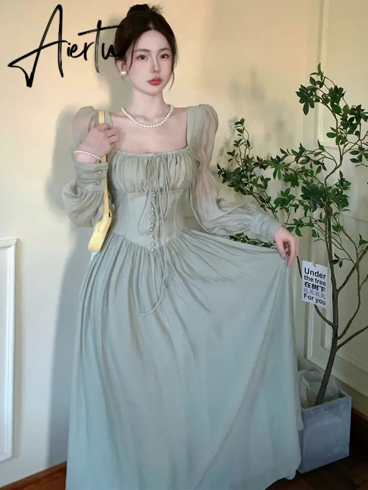 Aiertu Summer Autumn Women Elegant Midi  Chic Drawstring Dresses Holiday Prom Beach Vestidos  Clothes New Aiertu