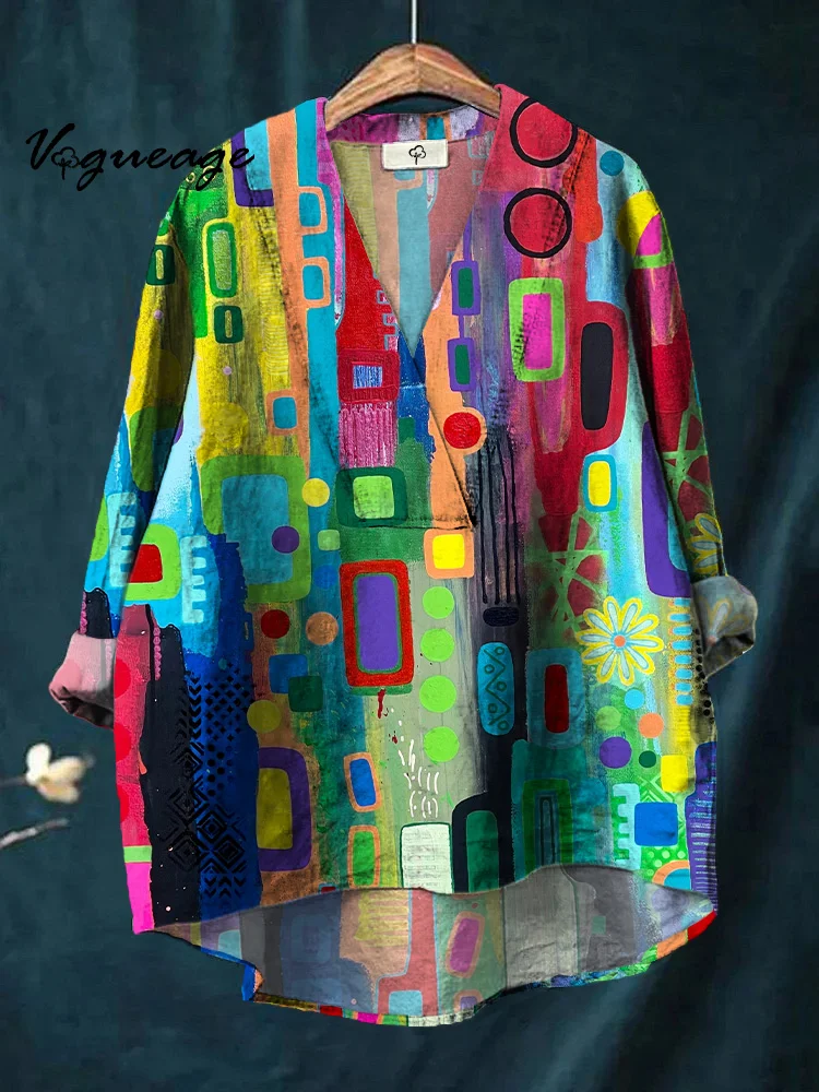 Bright Colored Dots And Squares Printed Cotton And Linen Shirt