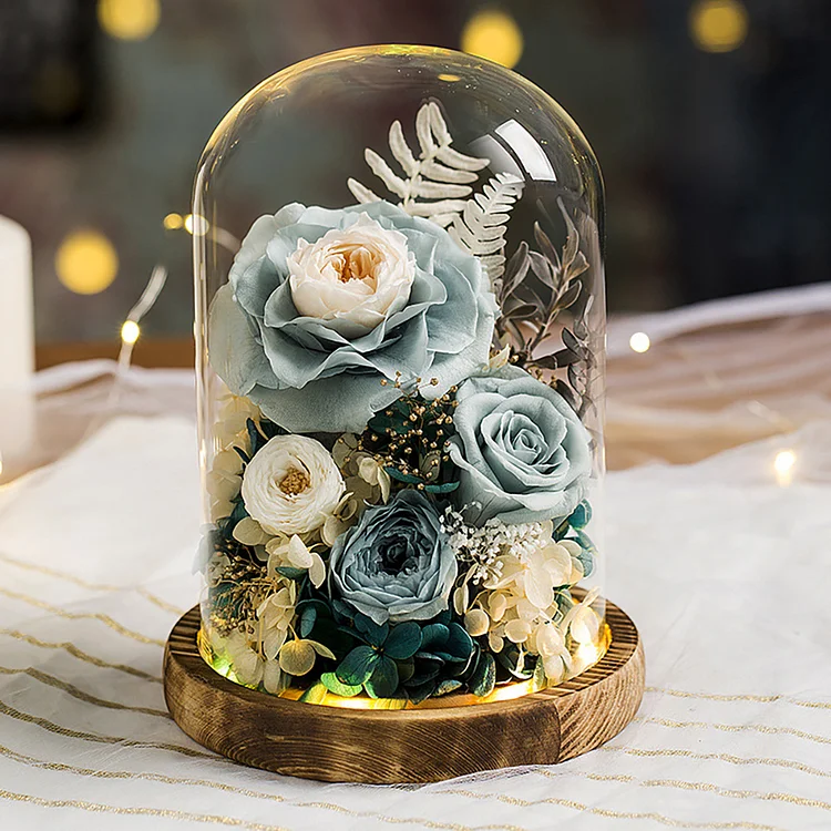 Wooden Base Glass Cover With Light Rose Everlasting Flower
