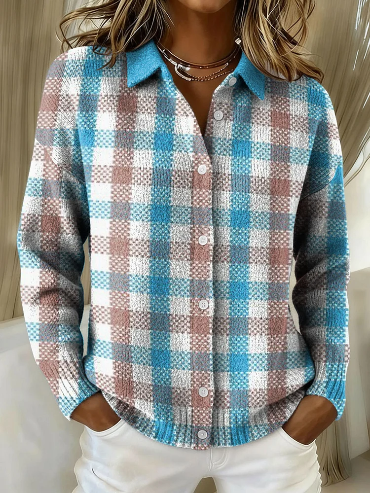Vintage Classic Plaid Pattern Casual Shirt Collar Long Sleeve Sweater