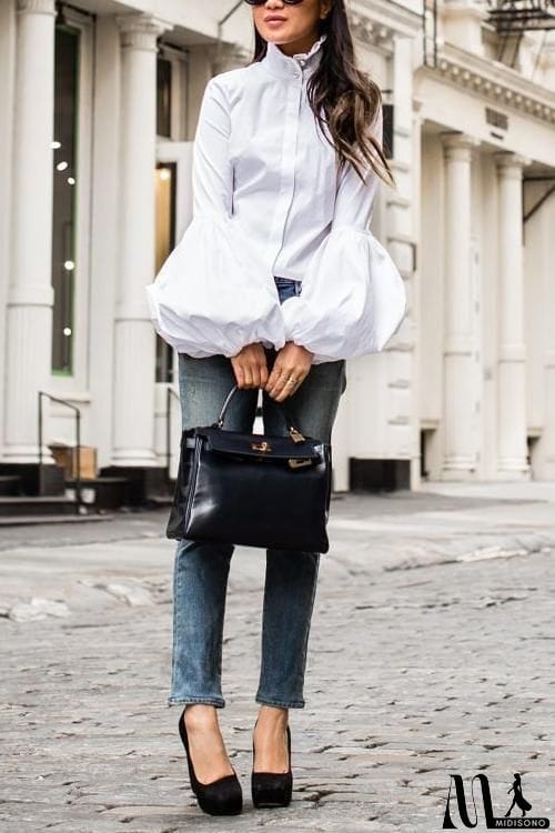 MidiSono - Button Puff Sleeve Shirt