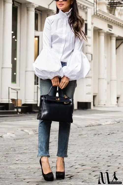 MidiSono - Button Puff Sleeve Shirt