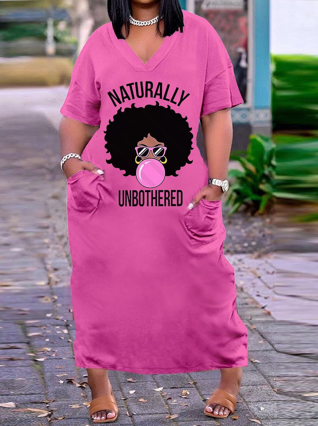 NATURALLY UNBOTHERED plus size v-neck mid-sleeve dress