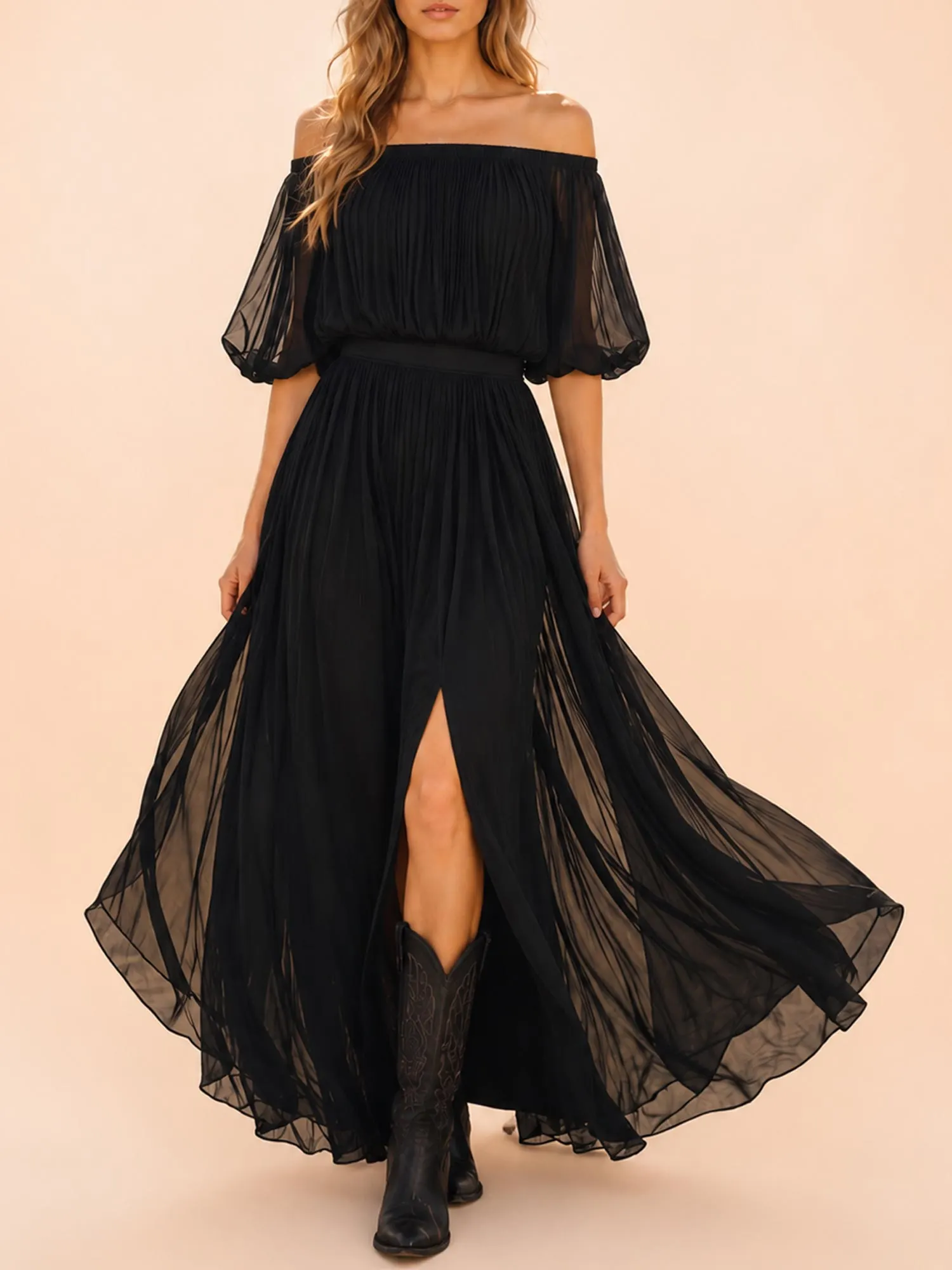 Perfect for Country Music Festivals &mdash; Black Off-the-Shoulder Pleated Chiffon Western Maxi Dress