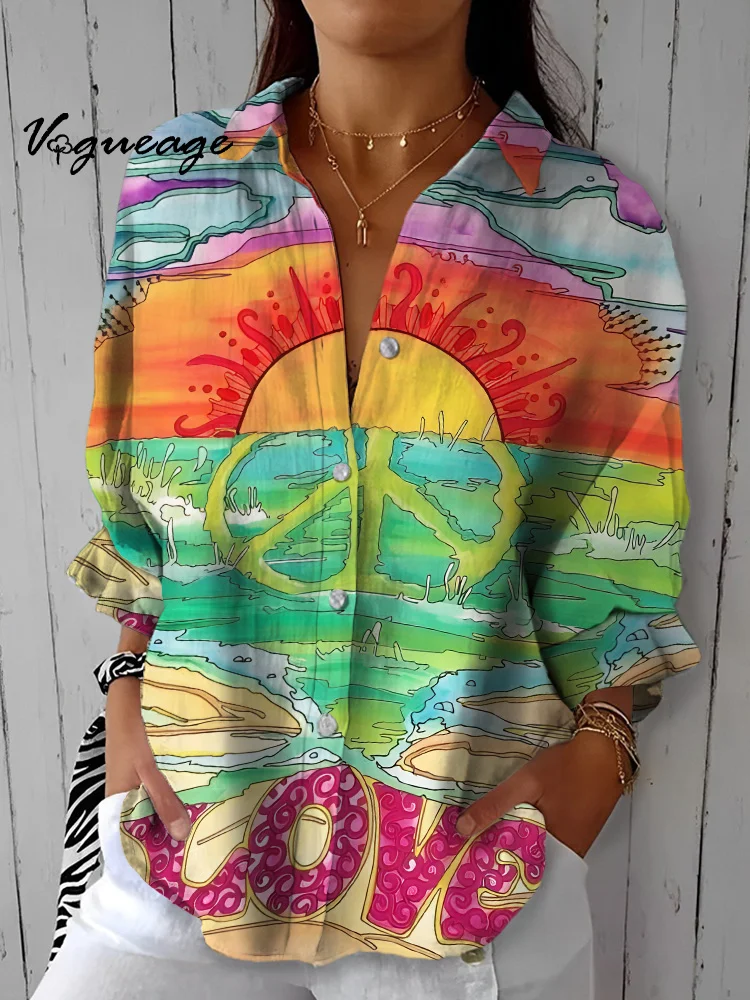 Painted Love Peace and Sun Stream Printed Cotton And Linen Shirt