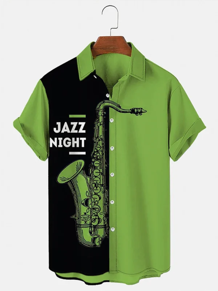 BrosWear Fashionable Jazz Musical Instrument Print Color Contrast Men'S Shirt