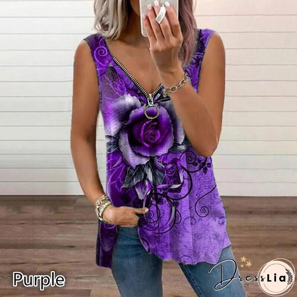 Women's Top Summer New Fashion Rose Flower Printed Casual Plus Size Sleeveless Zipper V-neck Top Loose Soft and Comfortable Tank Top XS-5XL