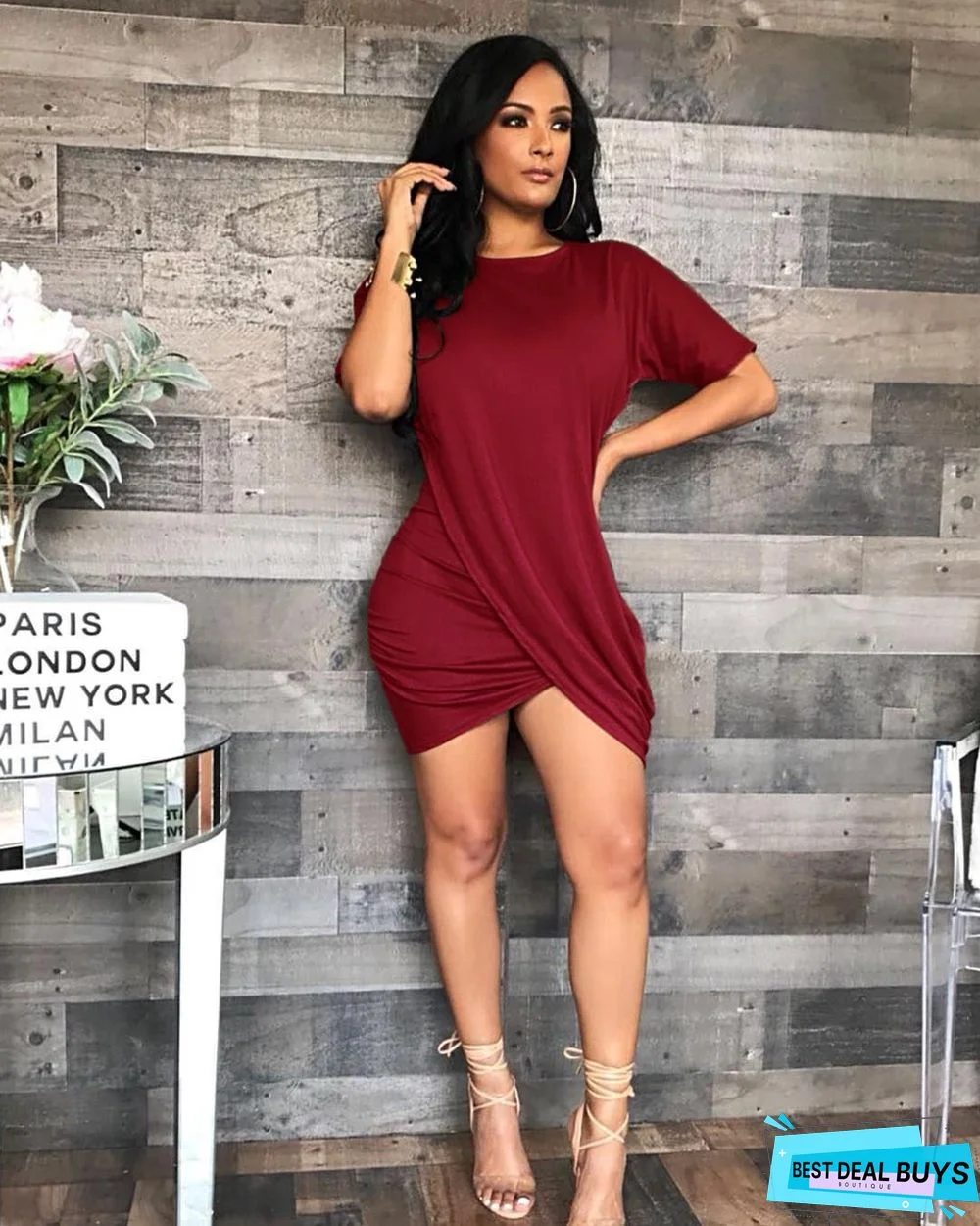 Round Neck Pleated Dress with Irregular Short Sleeves