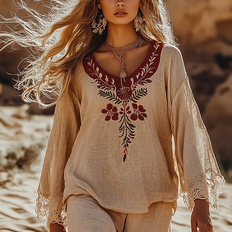 Desert Style Holiday Bohemian Vintage Linen Casual Top