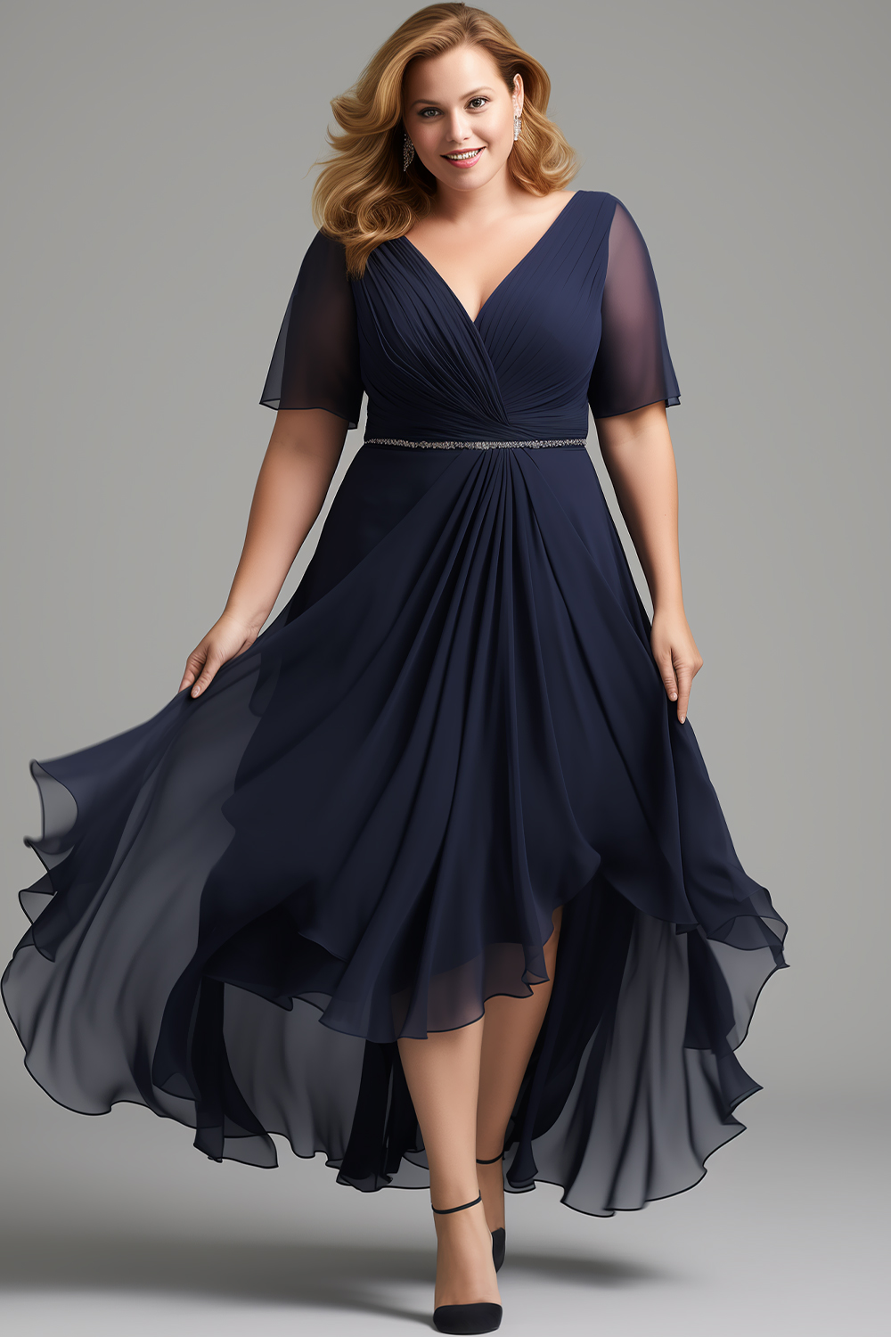 Flycurvy Plus Size Wedding Guest Navy Blue Chiffon Wrap High Low Hem Maxi Dress