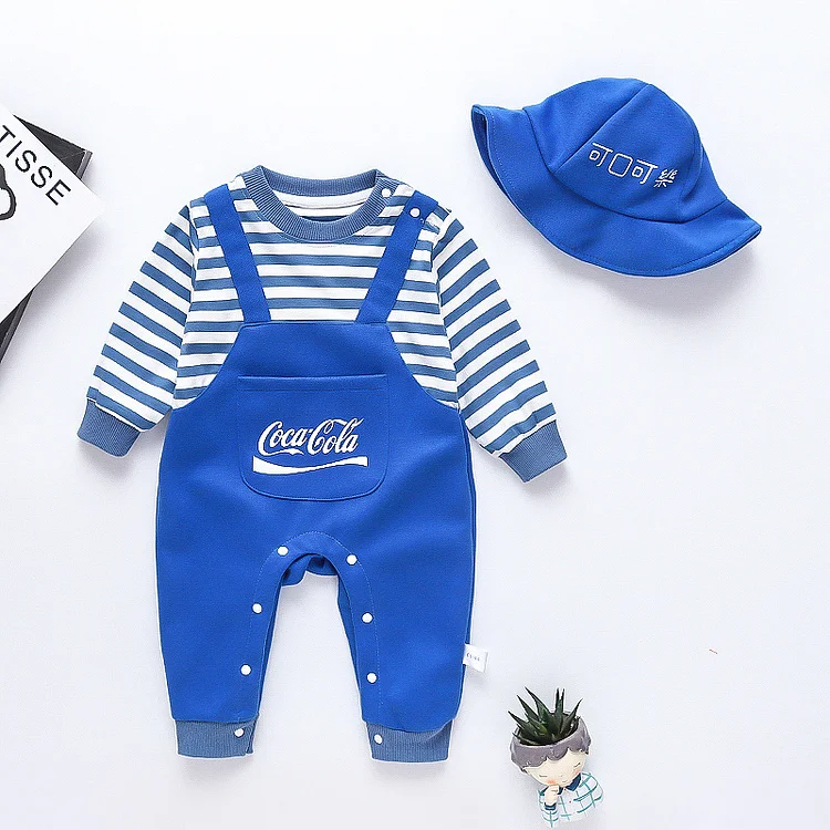 Baby Boy/Girl Mock Two-pieces Striped Long Sleeve Romper with Hat