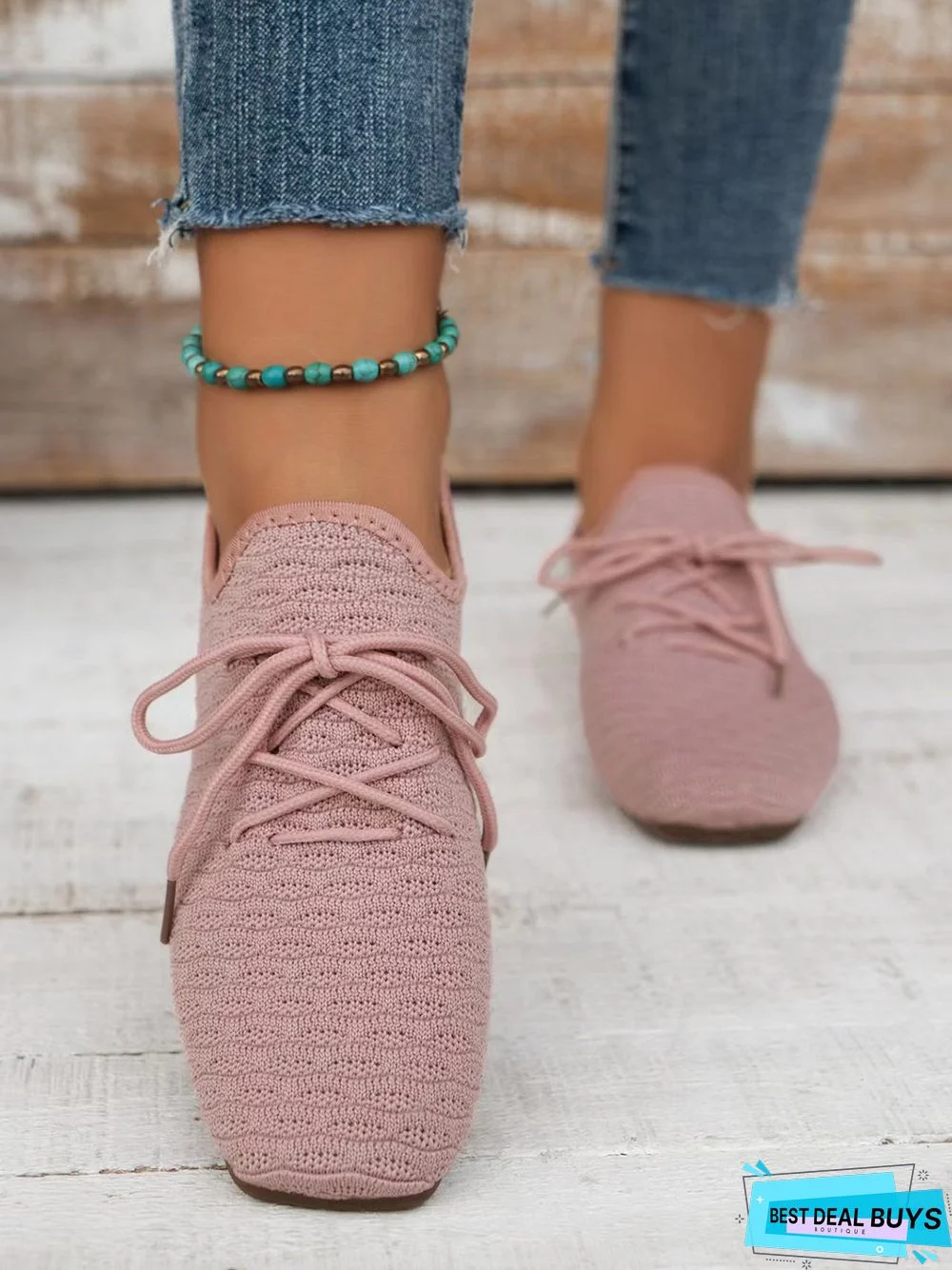 Breathable Mesh Fabric Soft Sole Lace-up Decor Flat Shoes