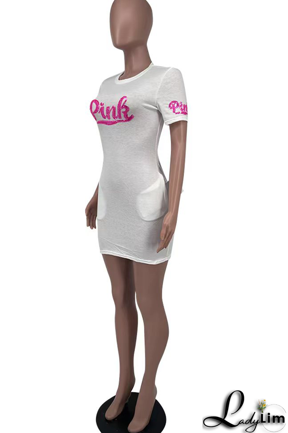 Pink Fashion Patchwork Sequins O Neck Pencil Skirt Dresses