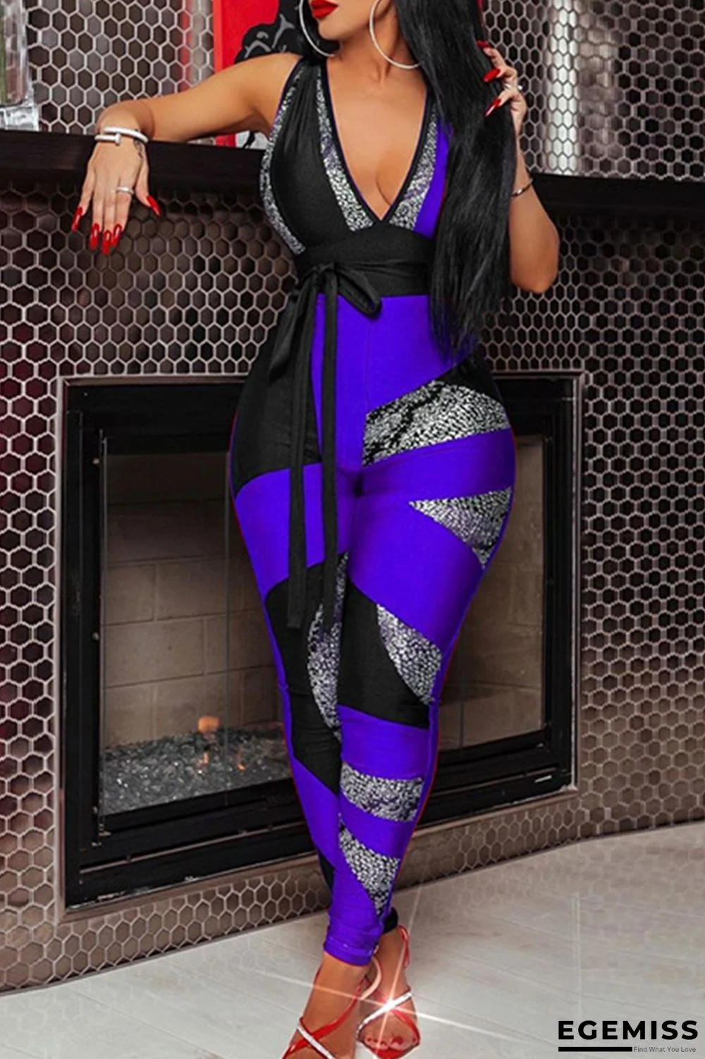 Royal Blue Fashion Sexy Patchwork Basic V Neck Skinny Jumpsuits | EGEMISS