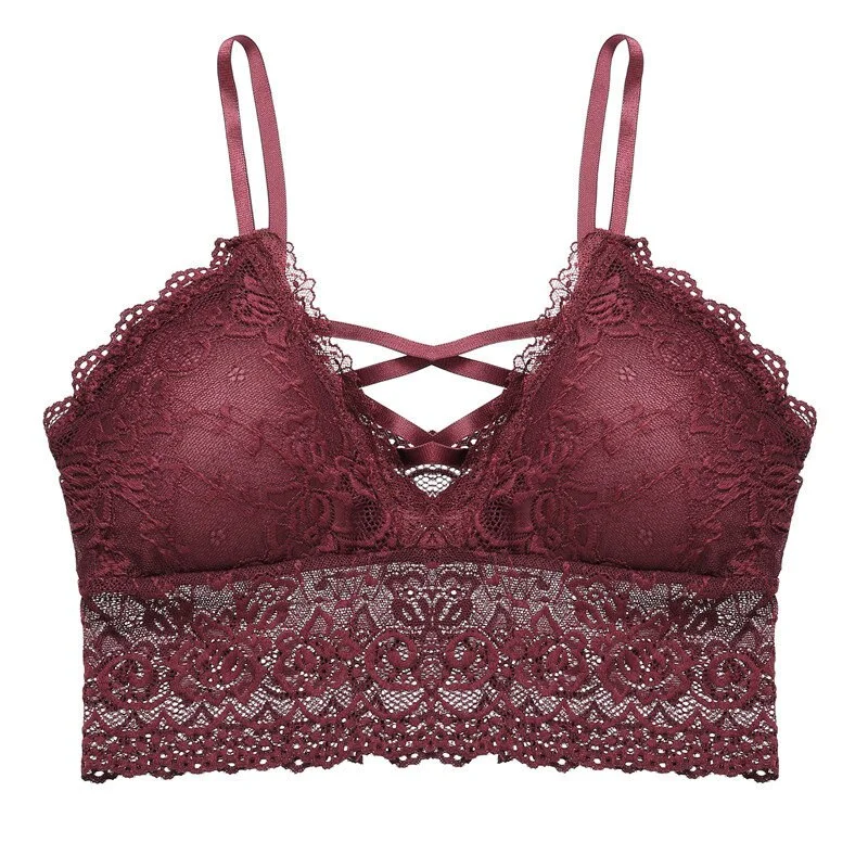 FINETOO Sexy Deep V Lace Bralette Women Floral Tank Tops Female Wire Free Lingerie Soft Padded Bra Sexy Bras Intimates S-XL New