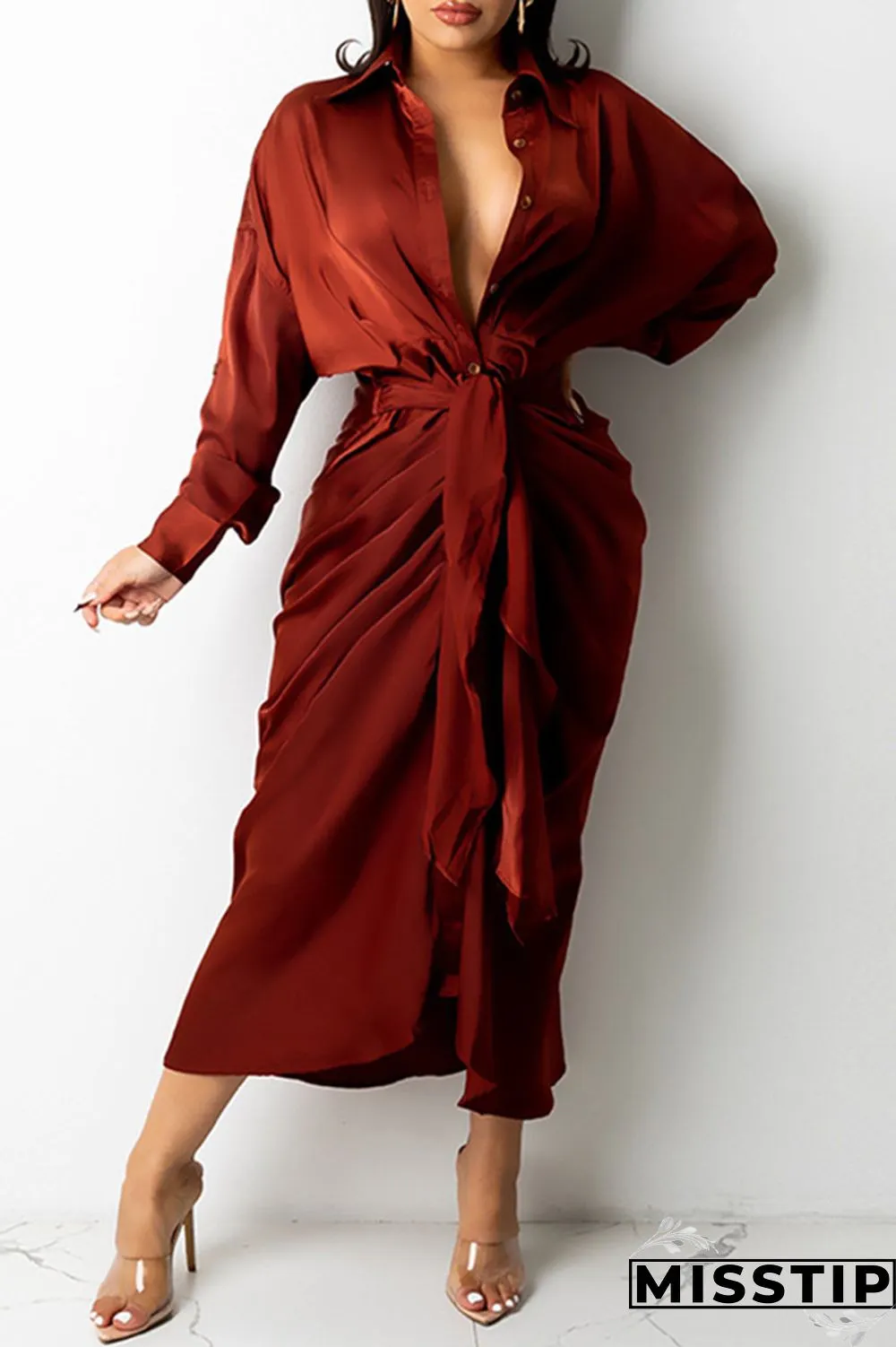 Light Beige Gray Fashion Casual Solid Bandage Turndown Collar Long Sleeve Dresses