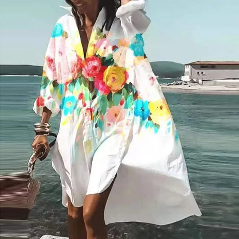 Women Buttons Shirt Dresses Autumn Elegant Floral Printed Long Sleeve Dress Ladies Casual Loose A-Line Beach Boho Dress Vestidos