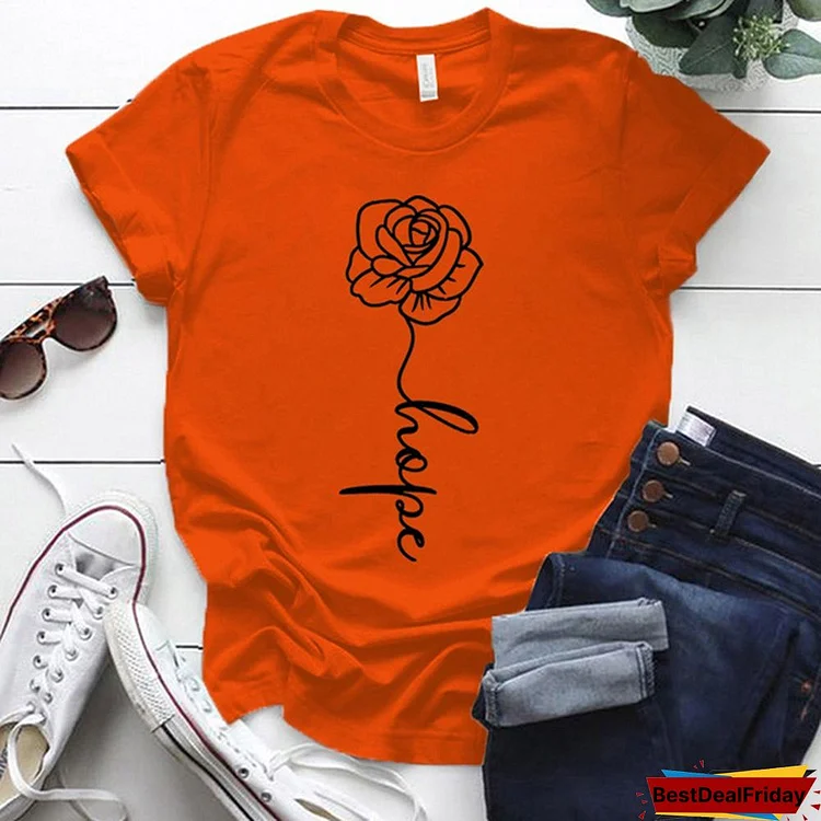 Hot Hope Flower Printed T-Shirts For Women Summer Short Sleeve Tee Shirts Round Neck Casual Summer Ladies Tops
