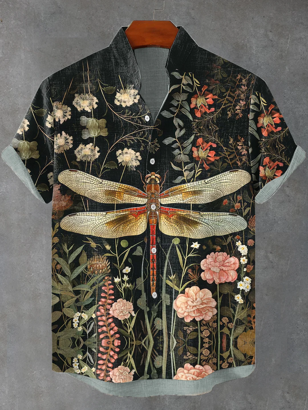 Men's Boho Midnight Dragonfly Art Print Linen Blend Shirt