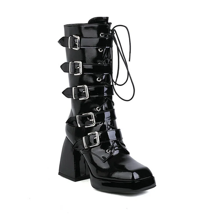 Dark Vintage Multiple Straps Size Zipper Square Toe Chunky Heel Boots