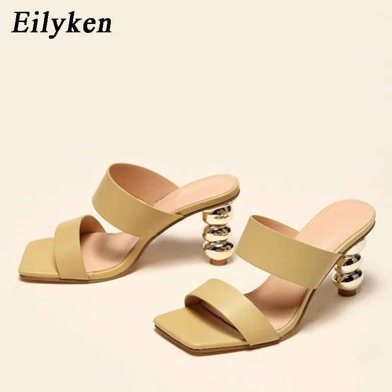 Eilyken New Design Metal Strange High Heels Summer Women Slipper Elegant Square Toe Slip-On Sliders Shoes Ladies Sandals Size 42
