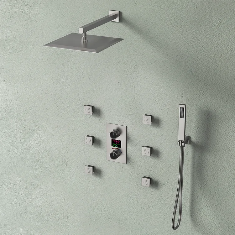 SFS-1014-NK12 EVERSTEIN Wall Mounted Constant Temperature Shower Faucet with LCD Display Rain Shower System, with 6 Massage Nozzles and Hand-held Spray,Brushed Nickel