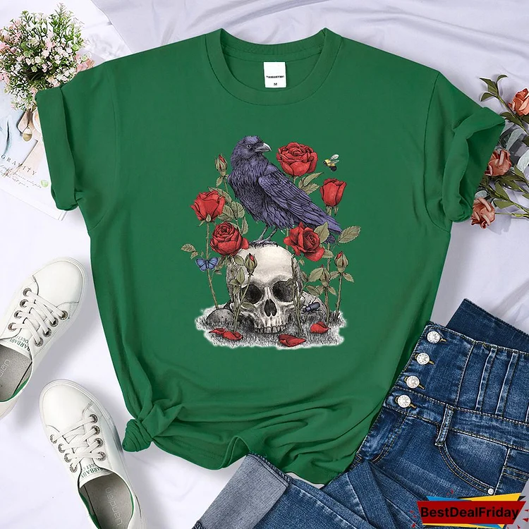 Abstract Pattern Roses, Skulls, Crows Print Women'S T-Shirts Street Breathable Tshirts Cartoon Cool Tops Soft O-Neck T Shirts