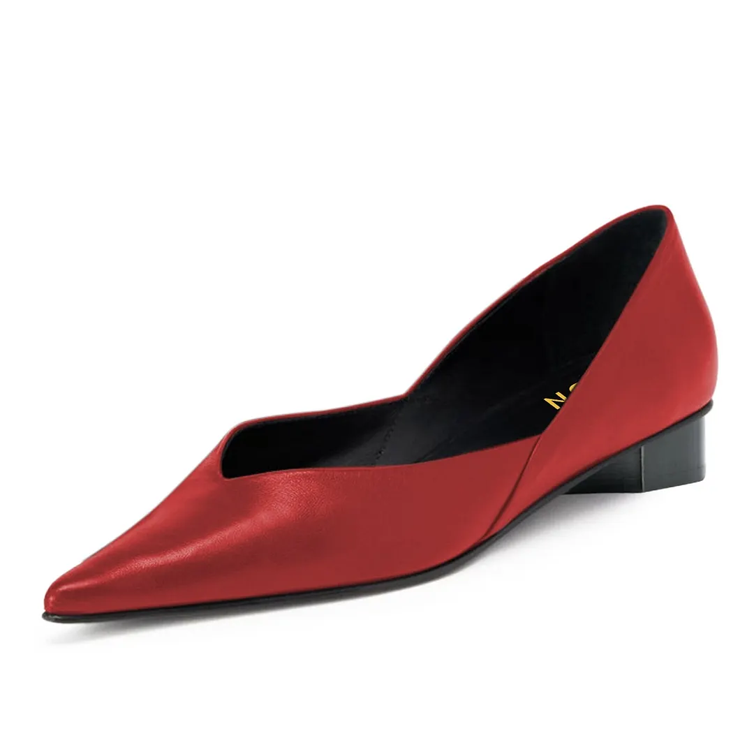 YDN Vegan Leather Pointed Toe Slip-On Flat Pumps Shoes in Red