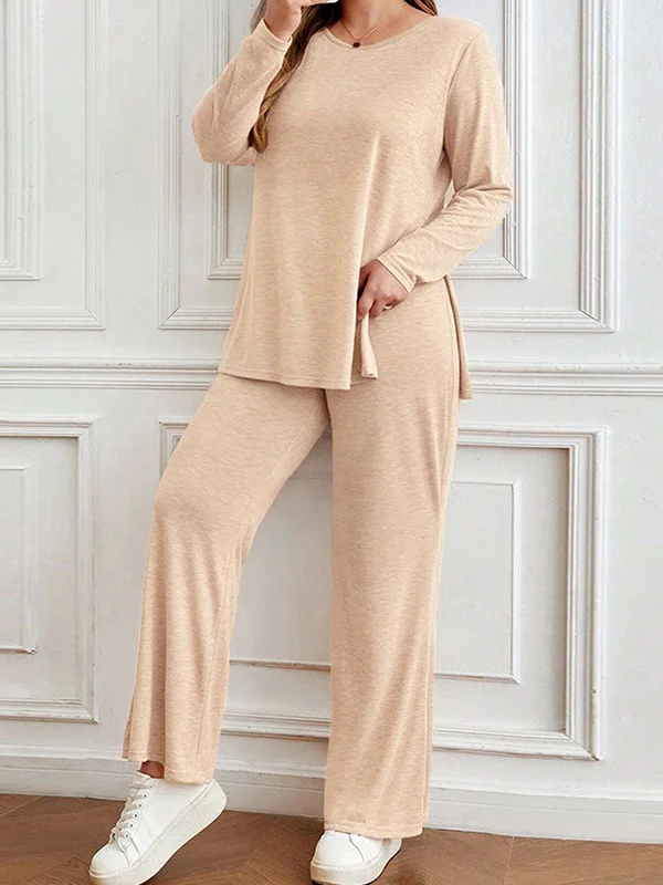Round-Neck Long Sleeves Loose Solid Color Split-Side Shirt Tops&Wide Legs Pants Bottom Two Pieces Set