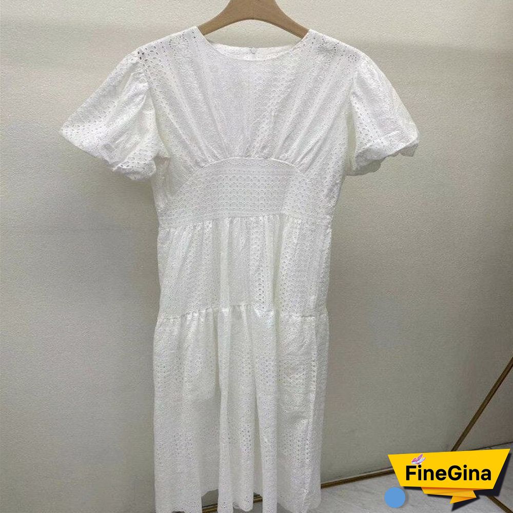 round neck solid color temperament hollow lace dress women