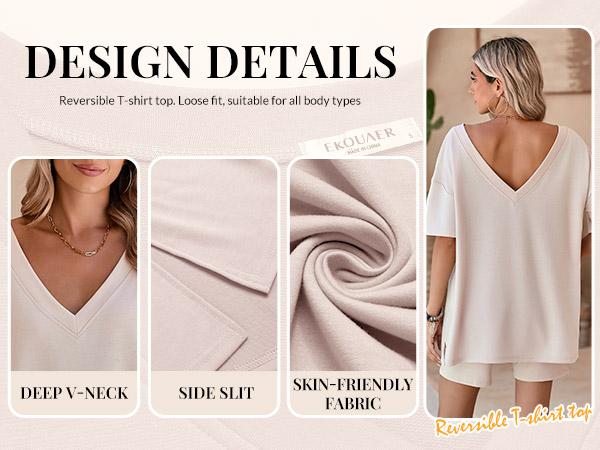 EKOUAER V-neck comfort Two-Piece Pajama Set For Women Summer Casual  Split Hem Shirts & Biker Shorts Minimalist Lounge Wear Soft Homewear Cozy Pjs Clothes Comfy