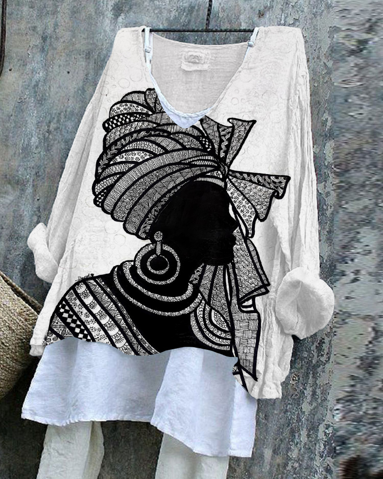 Retro Traditional African Woman Linen Blend Flowy Tunic